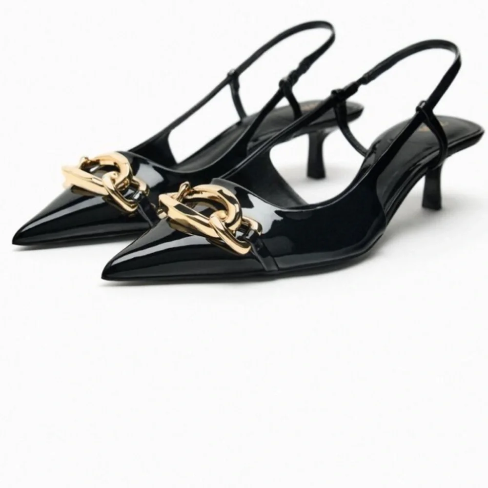 Zara Black Patent Slingback Heels with Gold Chain Accent - Picture 1 of 8
